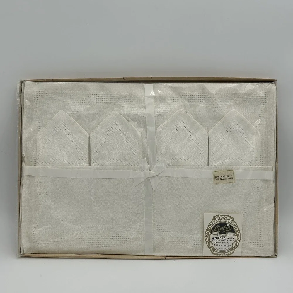 Vintage Linbro Linen/Cotton White Dinner 4-Dinner Napkins 4-Placemats New Sealed